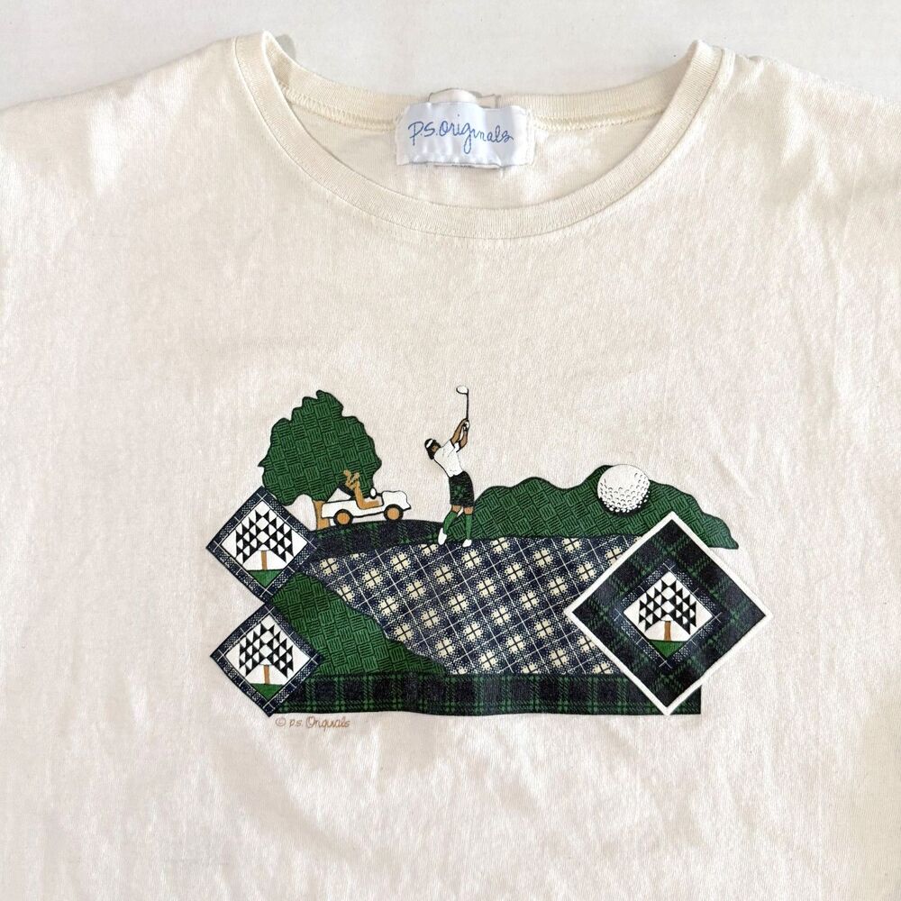 VTG 90s P.S. Original Plaid Graphic Golf T-Shirt, M, Green & Navy Cottage Quilt - Picture 5 of 6